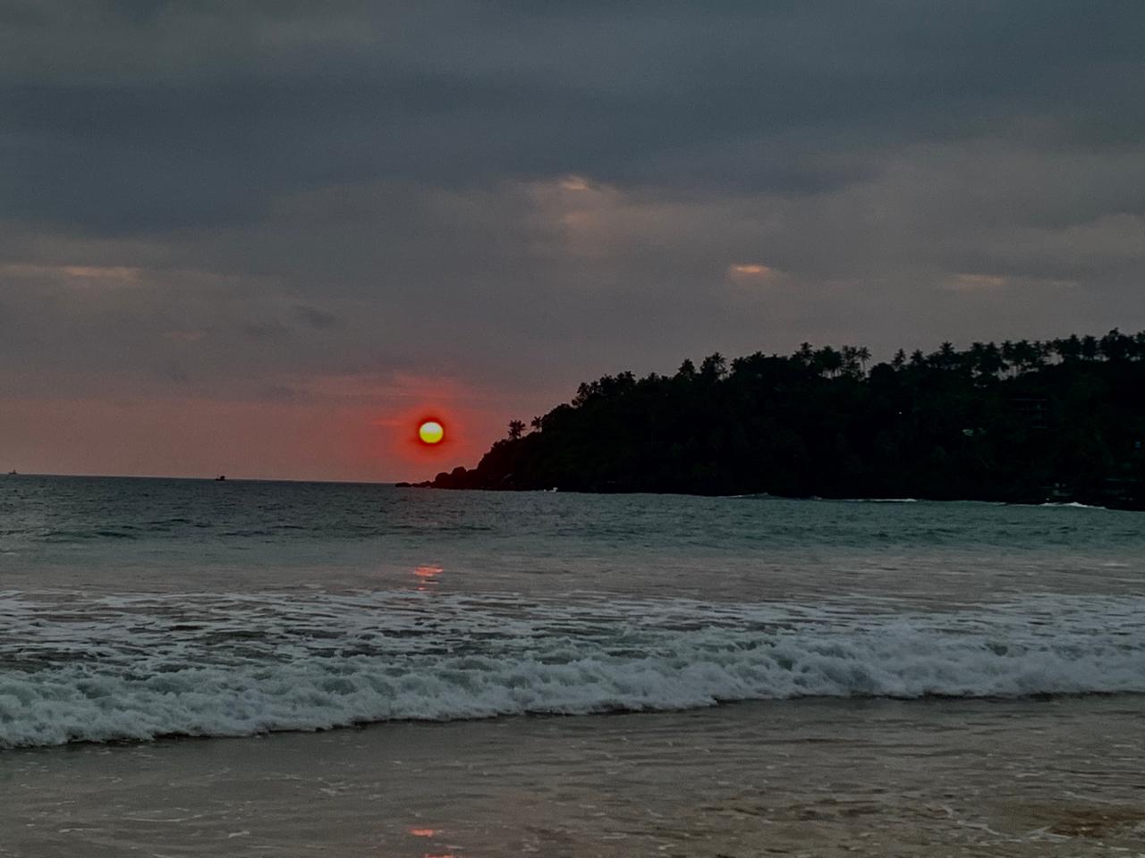 Soft sunset over the south coast of Sri Lanka — palm-fringed headland and Indian Ocean waves