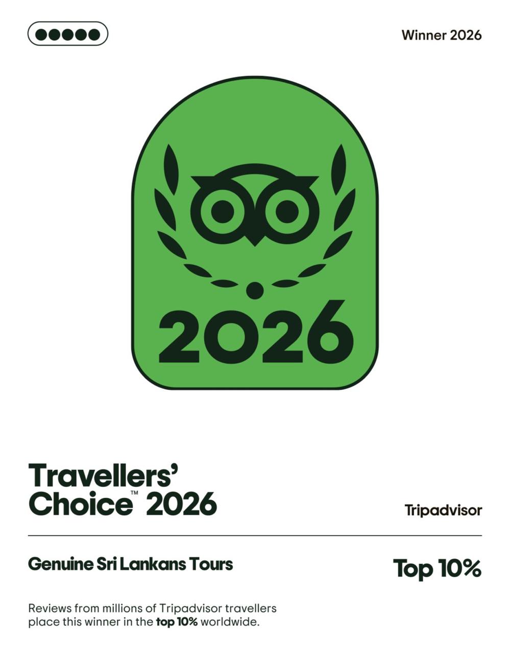Tripadvisor Travellers' Choice 2026 award badge for Genuine Sri Lankans Tours — top 10% worldwide